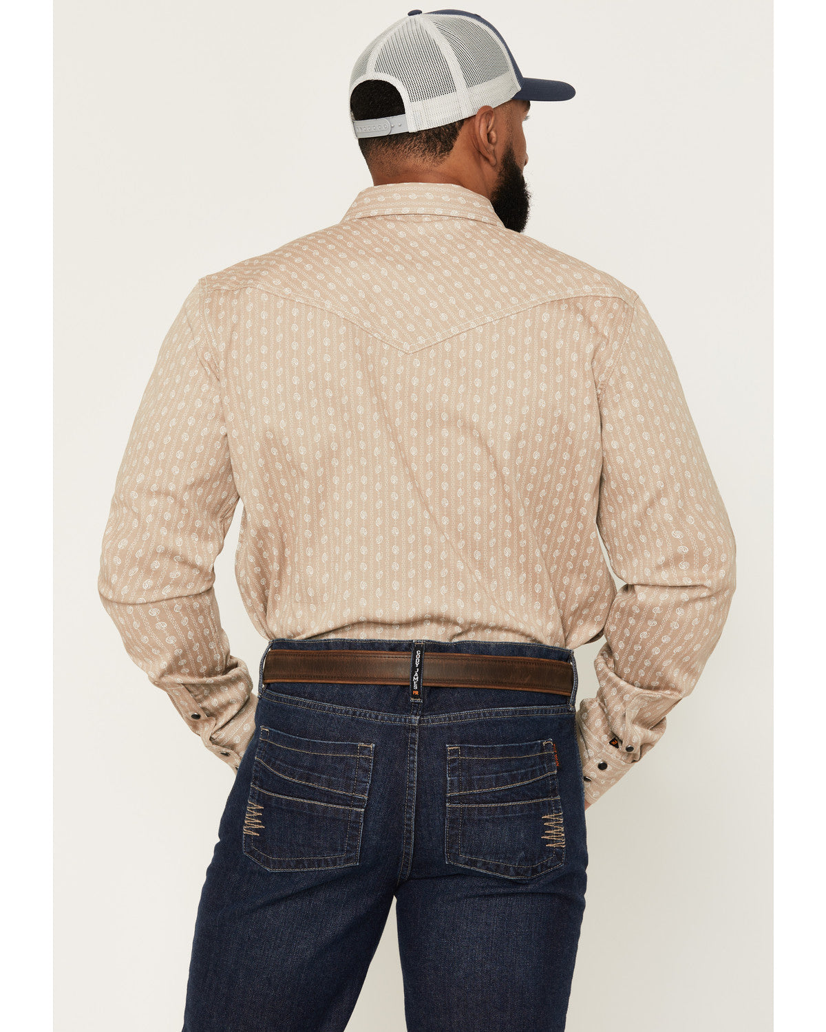 Men's FR Paisley Striped Print Long Sleeve Snap Stretch Wor Tan