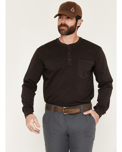 Men's FR Roughneck Solid Long Sleeve Snap Henley Work Shirt Dark Brown