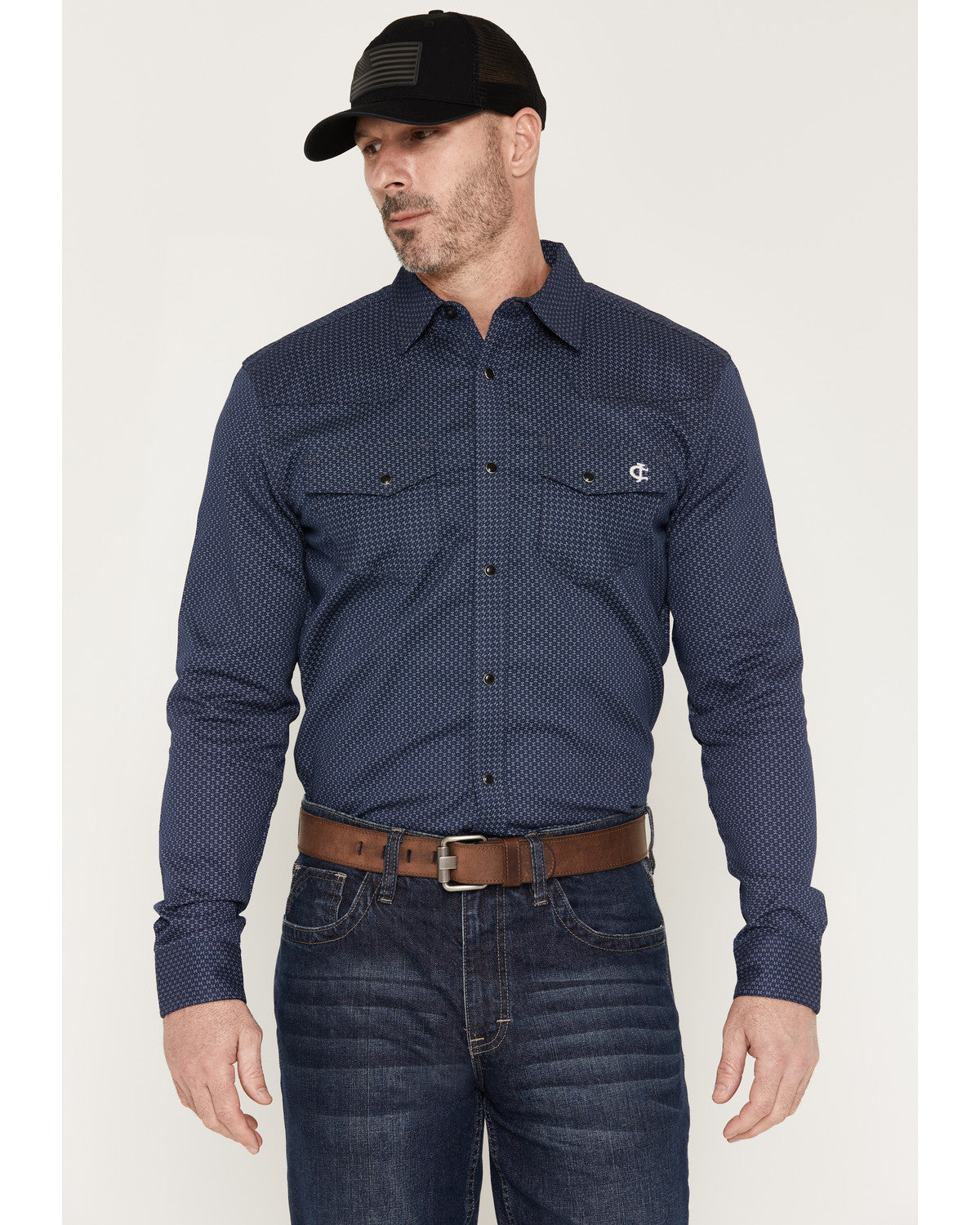 Men's FR Medora Print Long Sleeve Snap Stretch Western Work Navy