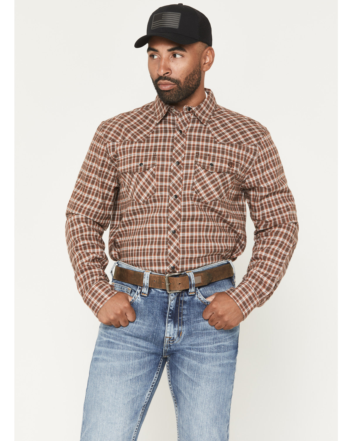 Men's FR Hondo Plaid Print Long Sleeve Snap Stretch Work Sh Dark Brown