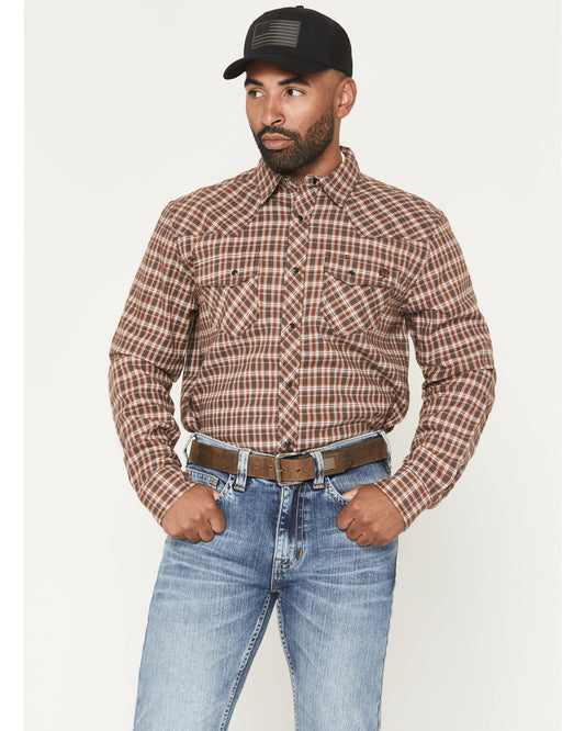 Men's FR Hondo Plaid Print Long Sleeve Snap Stretch Work Sh Dark Brown