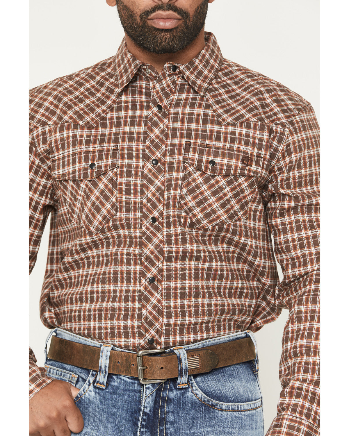 Men's FR Hondo Plaid Print Long Sleeve Snap Stretch Work Sh Dark Brown