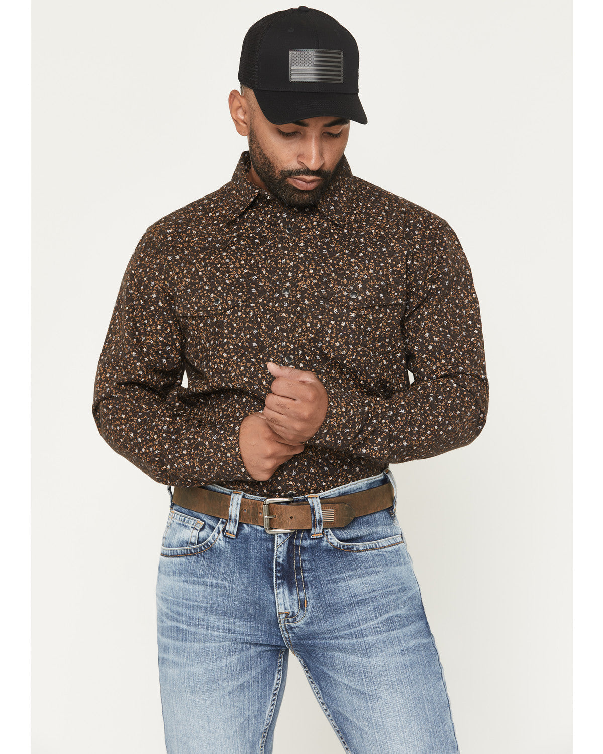 Men's FR Milkweed Printed Long Sleeve Stretch Work Shirt Dark Brown