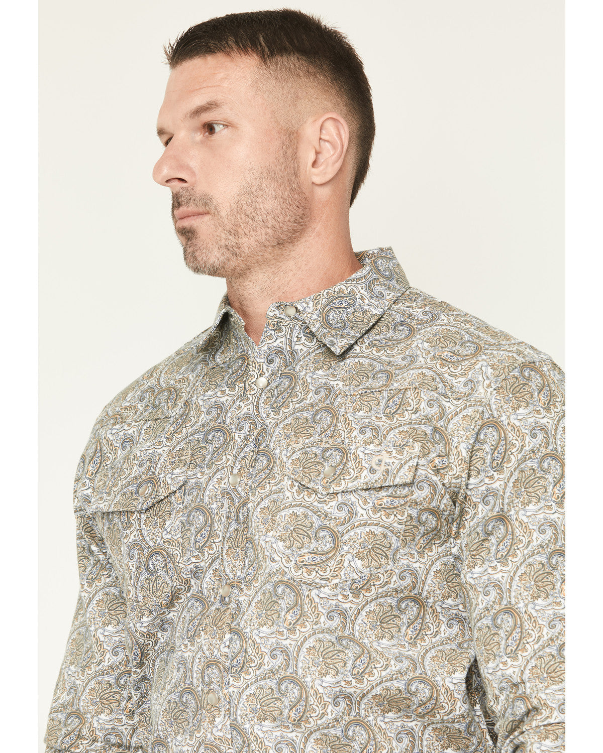 Men's FR Paisley Print Long Sleeve Snap Work Shirt Tan