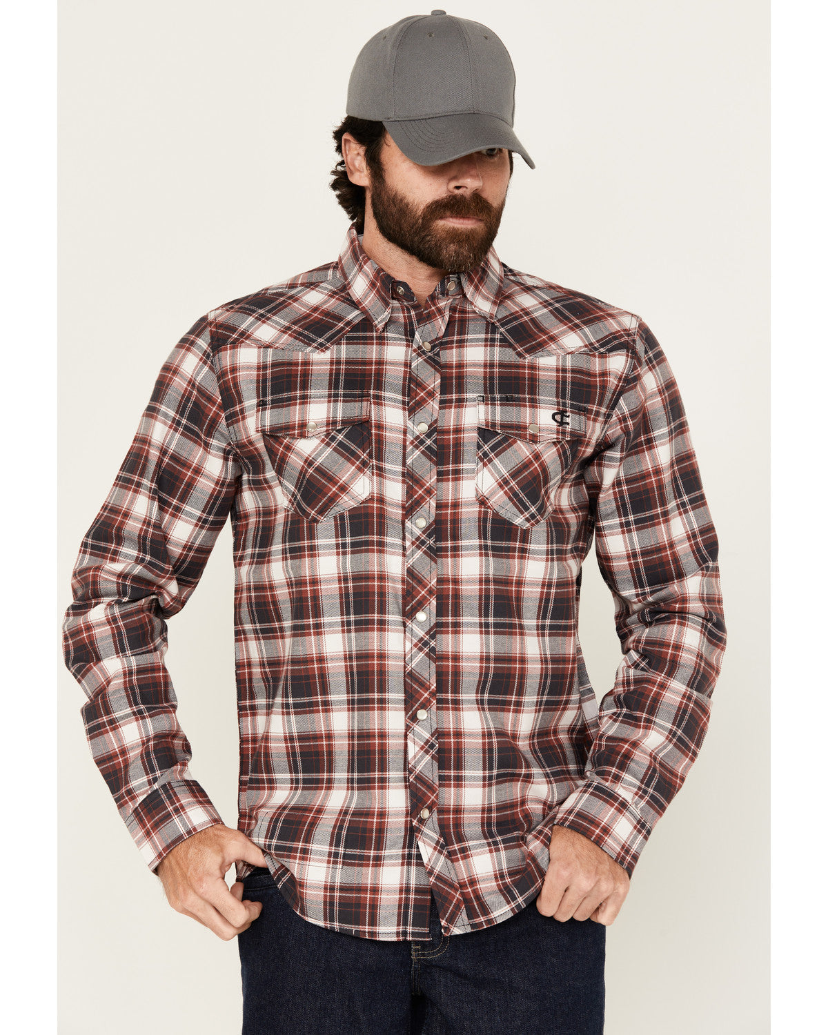 Men's FR Plaid Print Long Sleeve Snap Work Shirt Burgundy