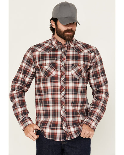Men's FR Plaid Print Long Sleeve Snap Work Shirt Burgundy