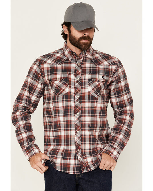 Men's FR Plaid Print Long Sleeve Snap Work Shirt Burgundy