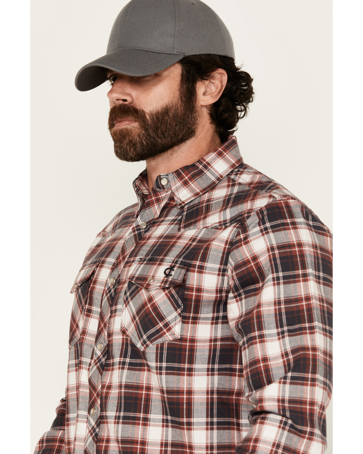 Men's FR Plaid Print Long Sleeve Snap Work Shirt Burgundy