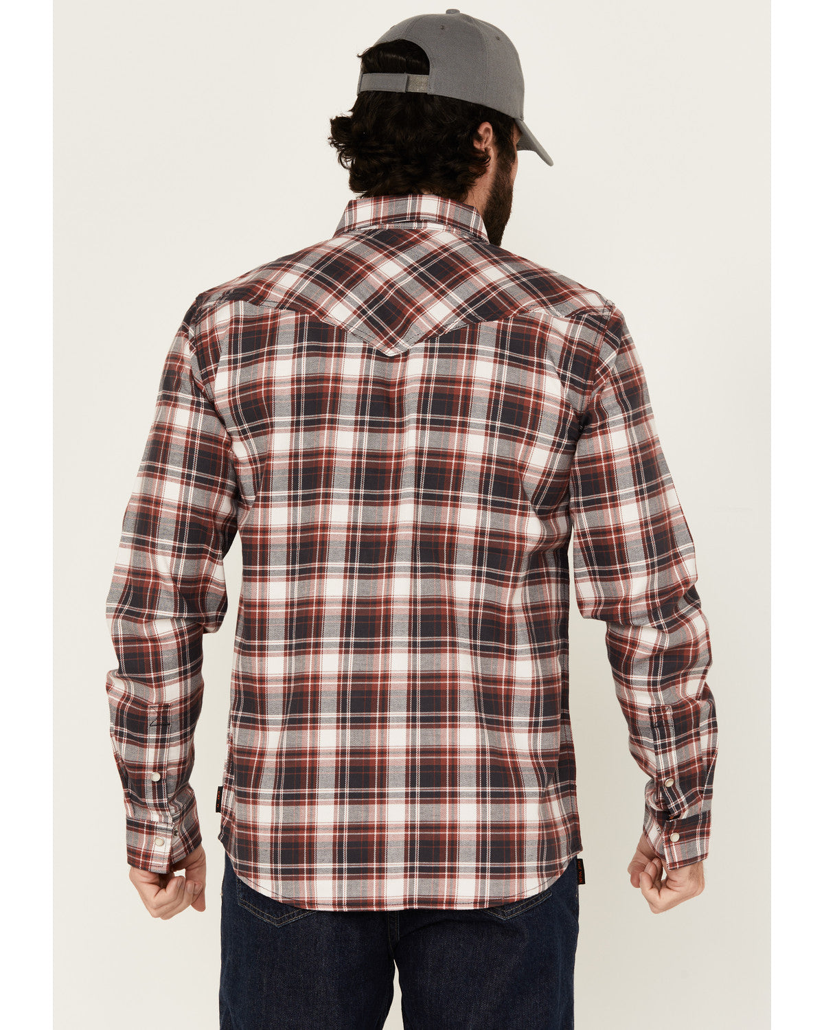 Men's FR Plaid Print Long Sleeve Snap Work Shirt Burgundy