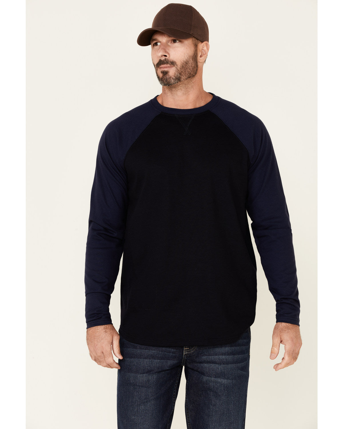 Men's FR Blocked Baseball Long Sleeve Work Shirt Navy