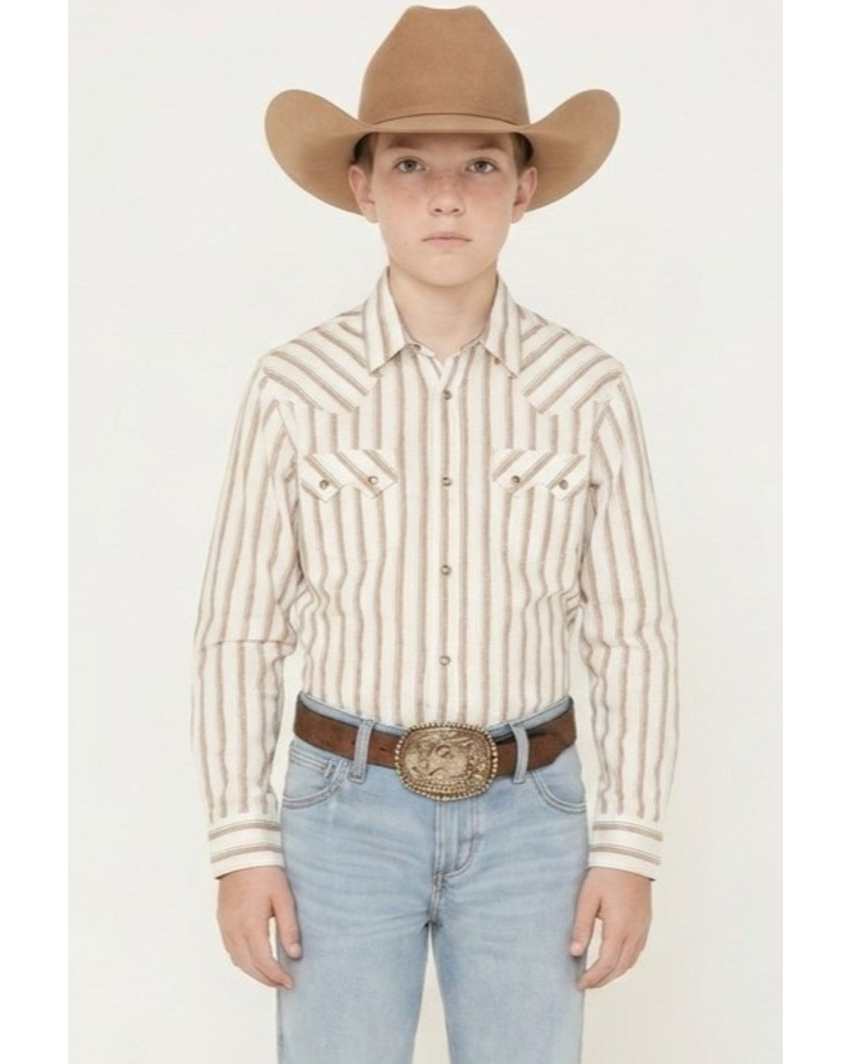 Boys' Trigger Striped Print Long Sleeve Snap Western Shirt Cream