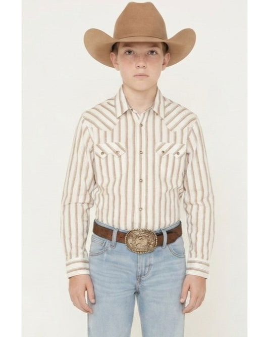 Boys' Trigger Striped Print Long Sleeve Snap Western Shirt Cream