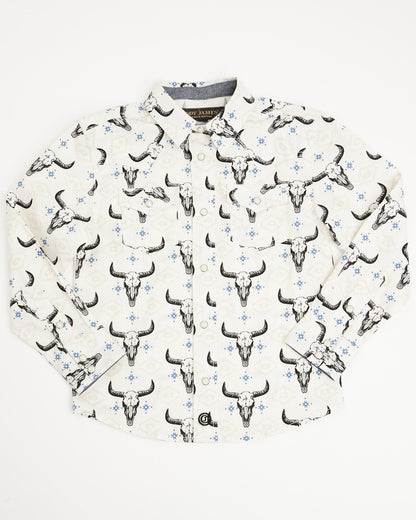 Toddler Boys' Prehistoric Bull Skull Print Long Sleeve Snap Cream