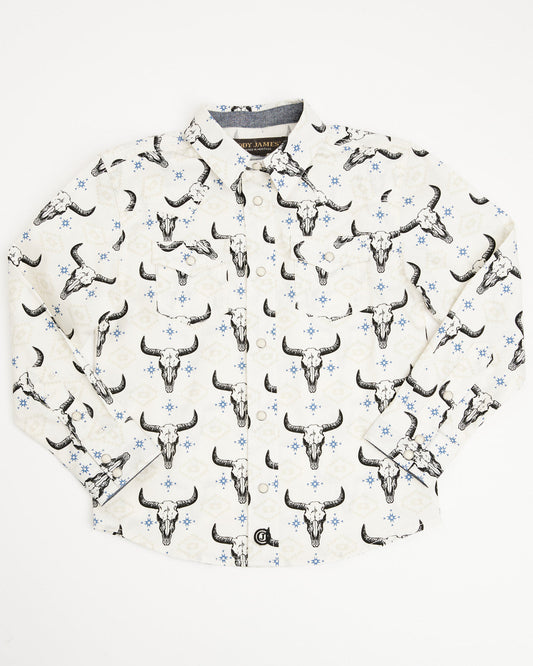 Toddler Boys' Prehistoric Bull Skull Print Long Sleeve Snap Cream