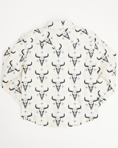 Toddler Boys' Prehistoric Bull Skull Print Long Sleeve Snap Cream