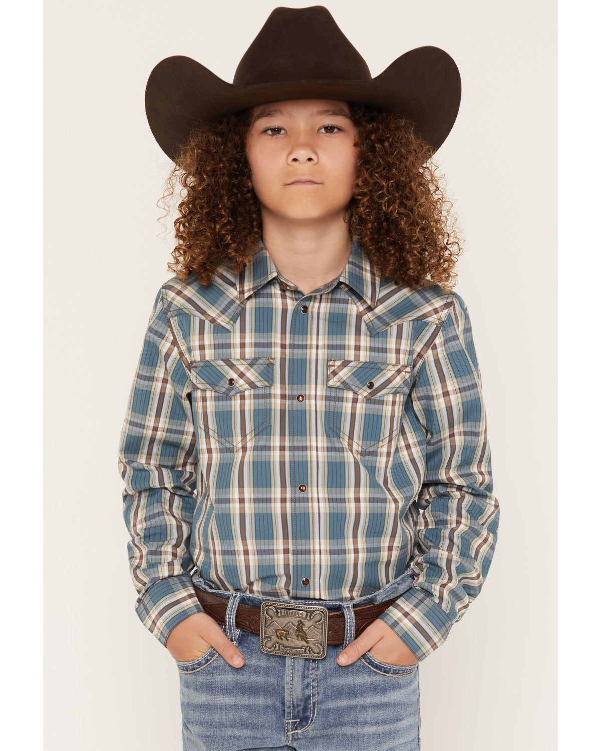 Boys' Niagra Falls Plaid Print Long Sleeve Snap Western Shi Blue