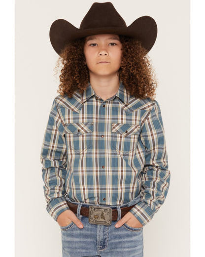 Boys' Niagra Falls Plaid Print Long Sleeve Snap Western Shi Blue