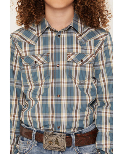 Boys' Niagra Falls Plaid Print Long Sleeve Snap Western Shi Blue