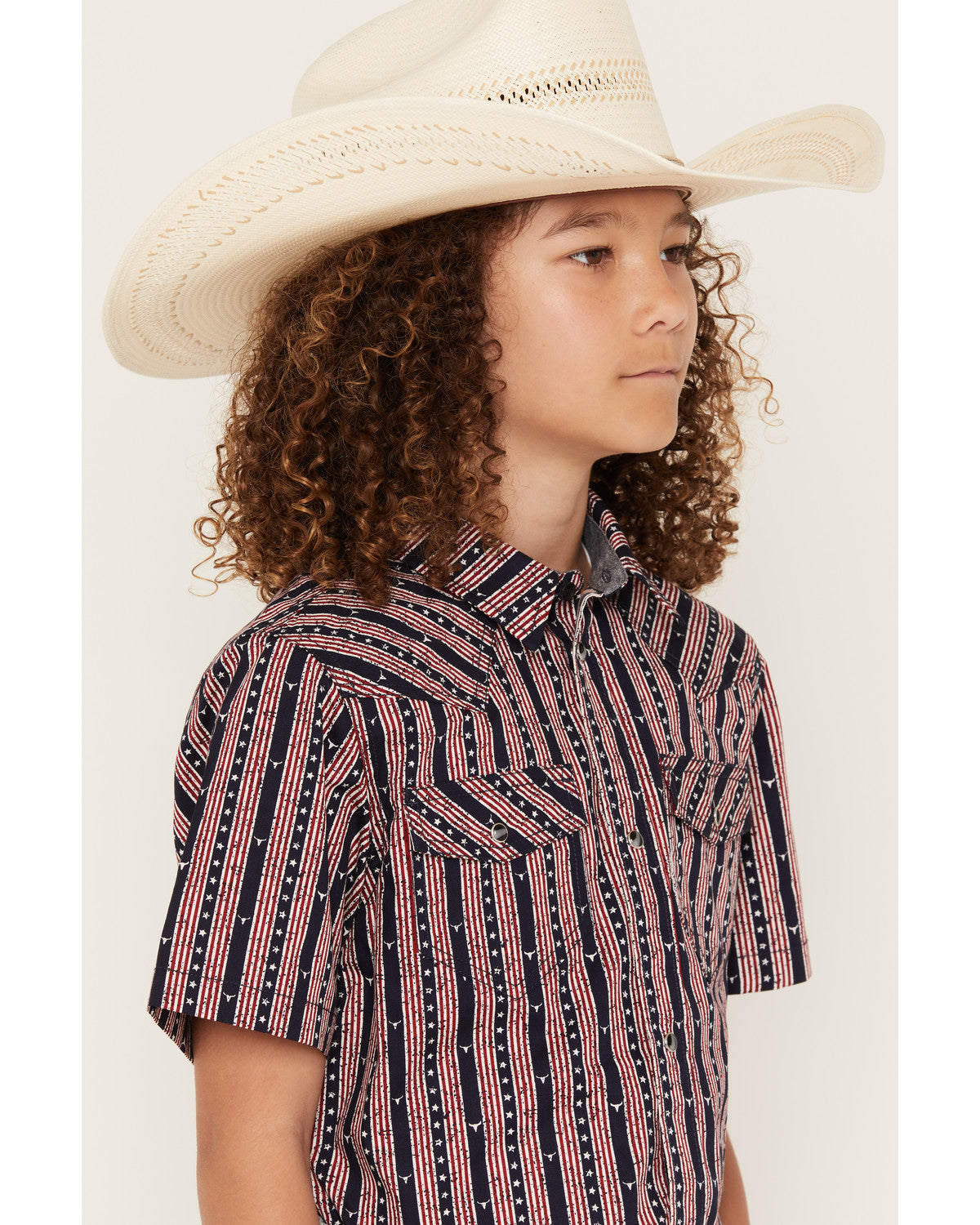 Boys' Steer Head Stars & Stripes Short Sleeve Snap Western Navy