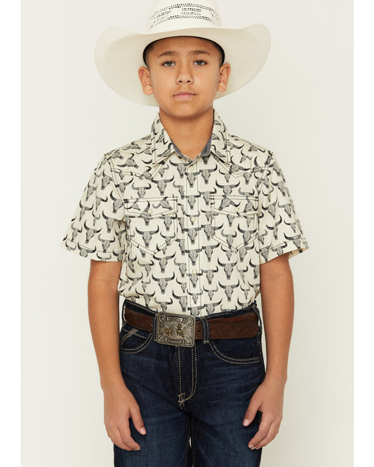 Boys' Toro Steerhead Print Short Sleeve Snap Western Shirt Tan