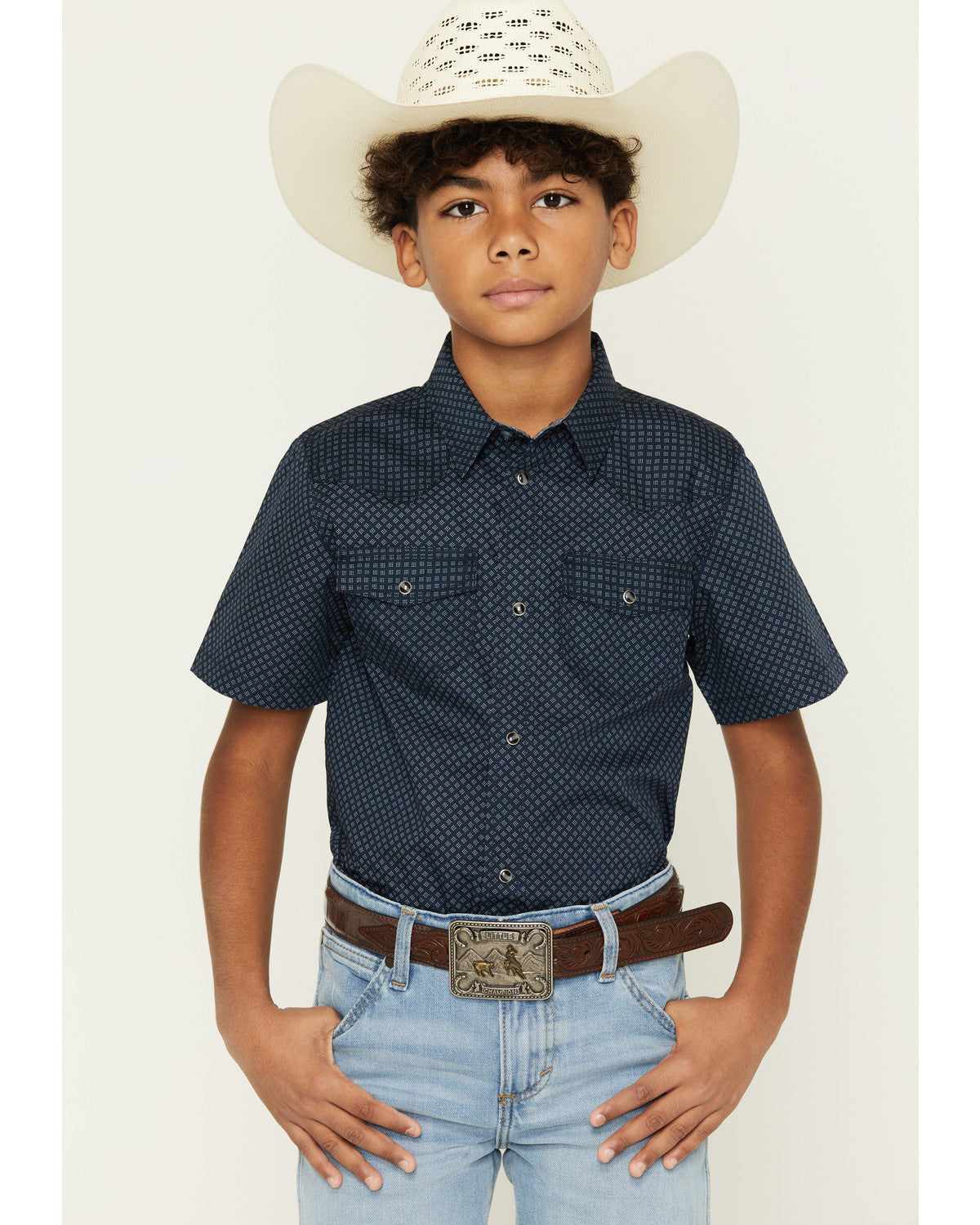 Boys' Tripp Geo Print Short Sleeve Snap Western Shirt Navy