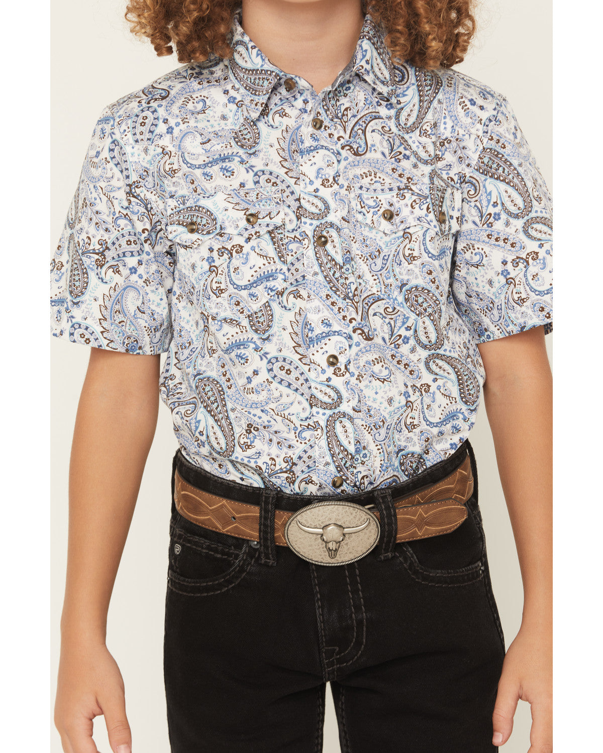Boys' Ryder Paisley Print Short Sleeve Snap Western Shirt Cream