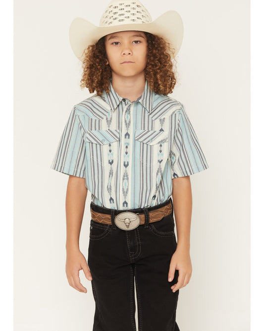 Boys' Heath Southwestern Striped Short Sleeve Snap Western Blue