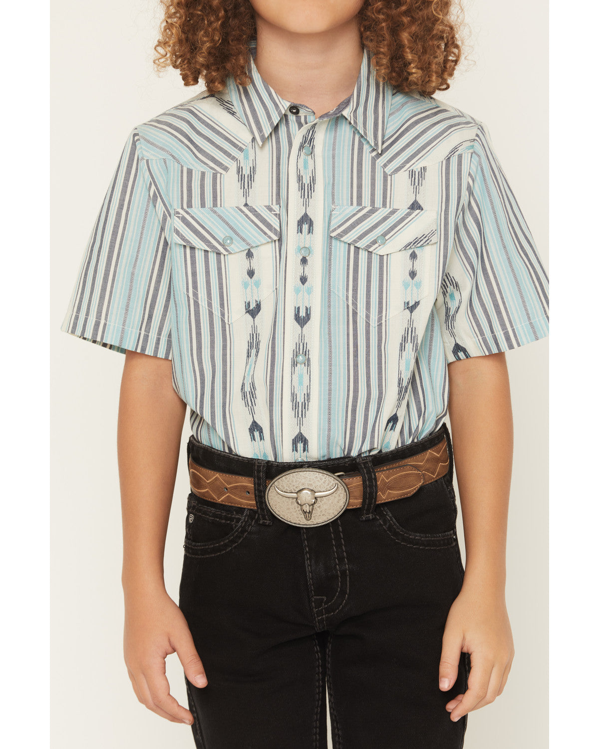 Boys' Heath Southwestern Striped Short Sleeve Snap Western Blue