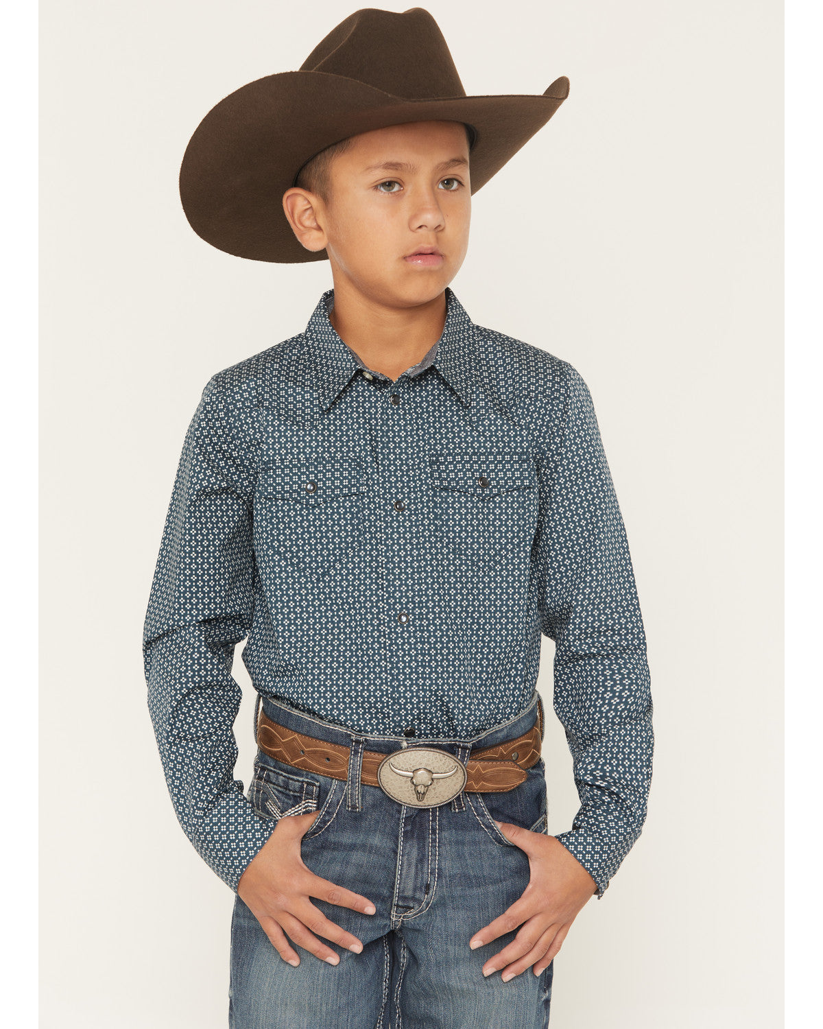 Boys' Bourbon Geo Print Long Sleeve Pearl Snap Western Shir Navy
