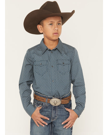 Boys' Bourbon Geo Print Long Sleeve Pearl Snap Western Shir Navy