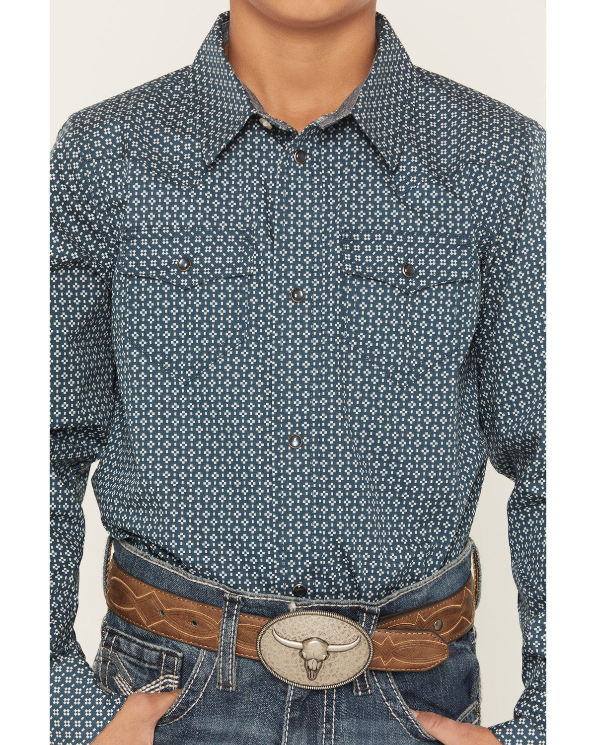 Boys' Bourbon Geo Print Long Sleeve Pearl Snap Western Shir Navy