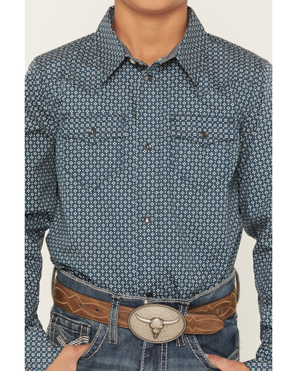Boys' Bourbon Geo Print Long Sleeve Pearl Snap Western Shir Navy