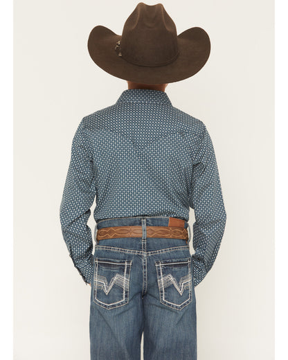 Boys' Bourbon Geo Print Long Sleeve Pearl Snap Western Shir Navy