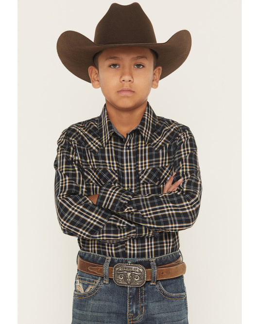 Boys' Warriors Way Plaid Print Long Sleeve Snap Western Shi Dark Blue