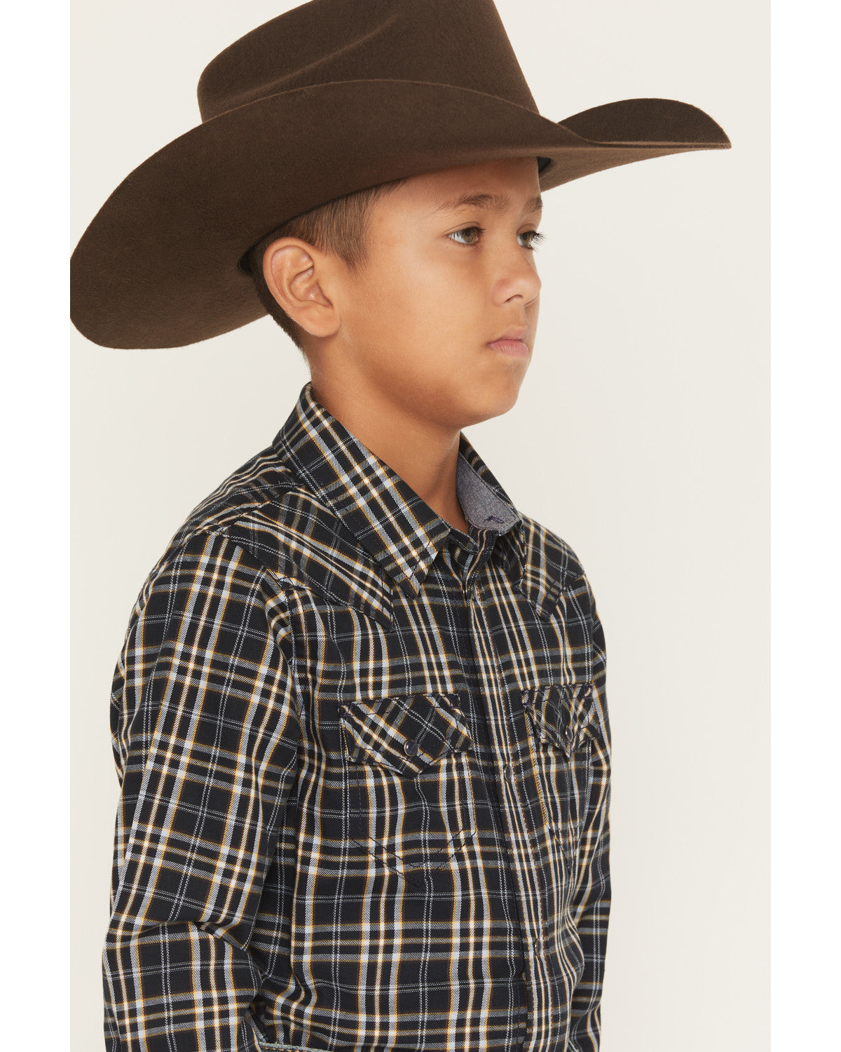 Boys' Warriors Way Plaid Print Long Sleeve Snap Western Shi Dark Blue
