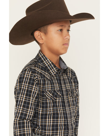 Boys' Warriors Way Plaid Print Long Sleeve Snap Western Shi Dark Blue