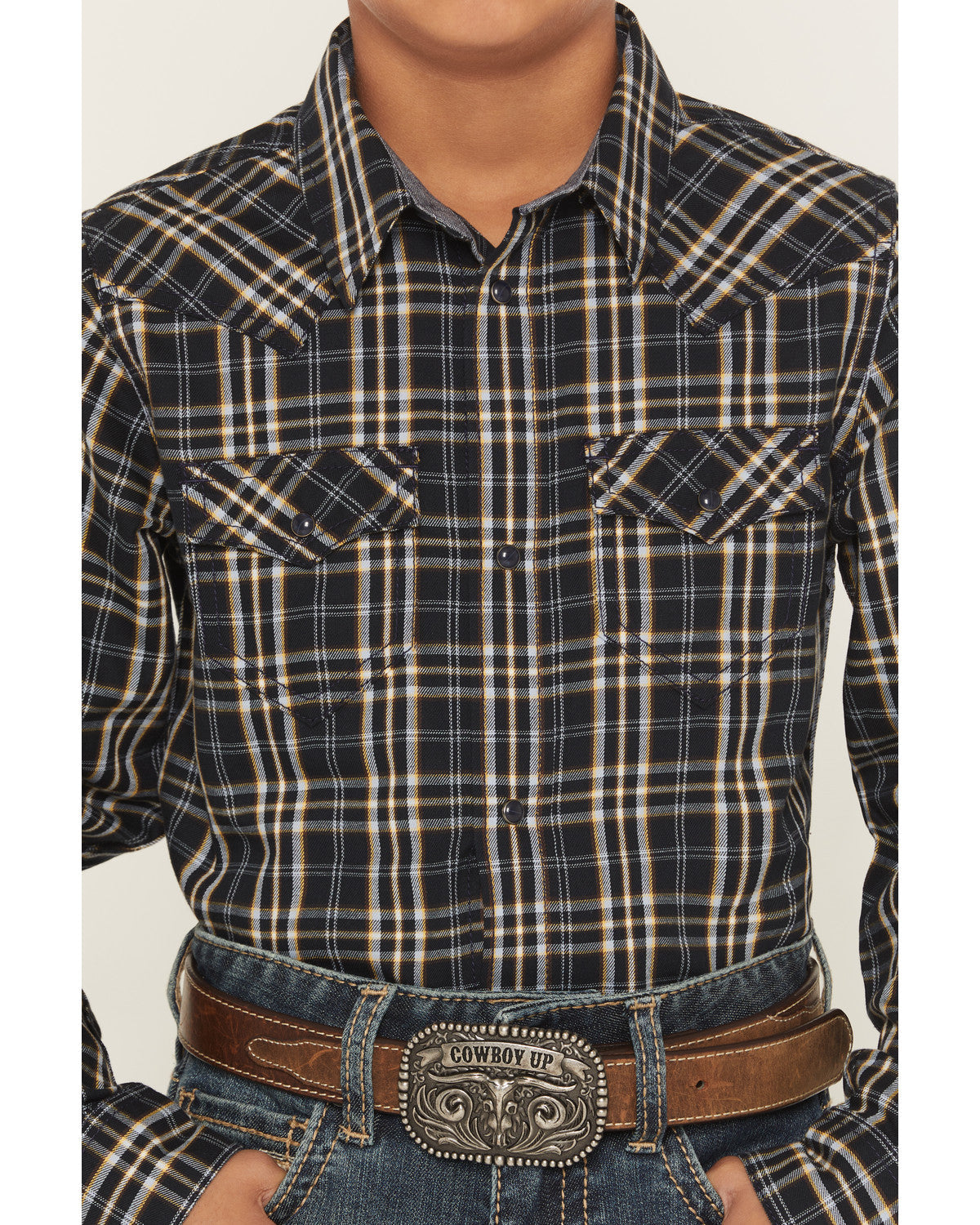 Boys' Warriors Way Plaid Print Long Sleeve Snap Western Shi Dark Blue