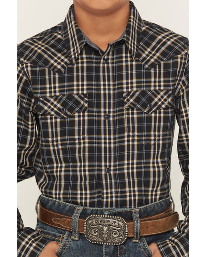 Boys' Warriors Way Plaid Print Long Sleeve Snap Western Shi Dark Blue