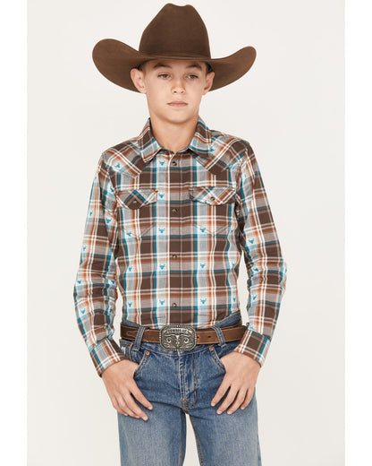 Boys' Bull Dobby Long Sleeve Snap Western Shirt Dark Brown
