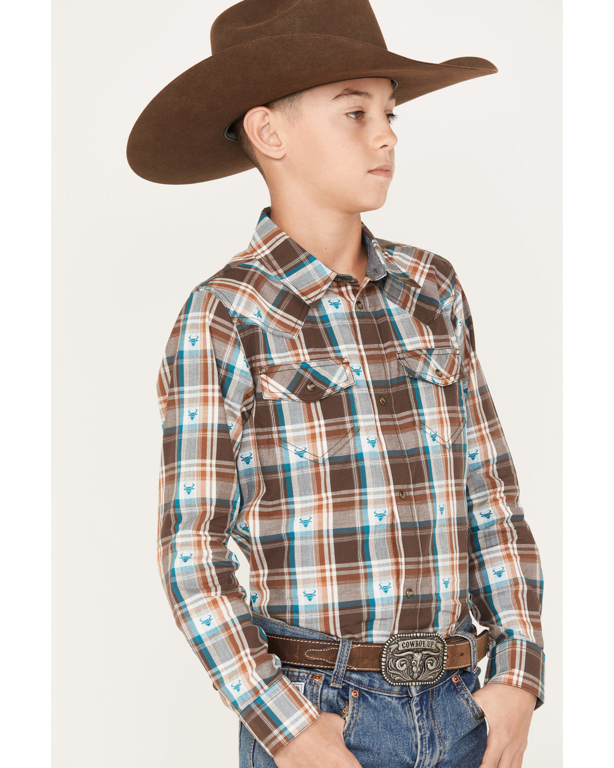 Boys' Bull Dobby Long Sleeve Snap Western Shirt Dark Brown