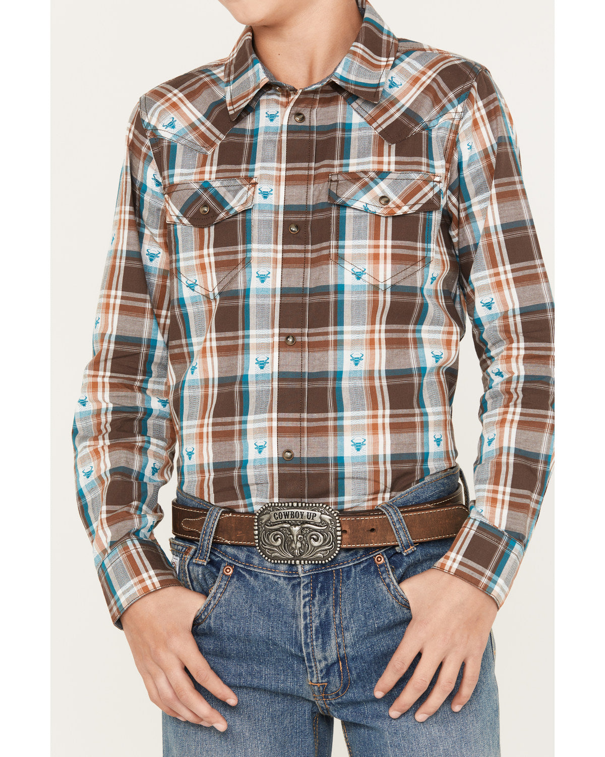 Boys' Bull Dobby Long Sleeve Snap Western Shirt Dark Brown