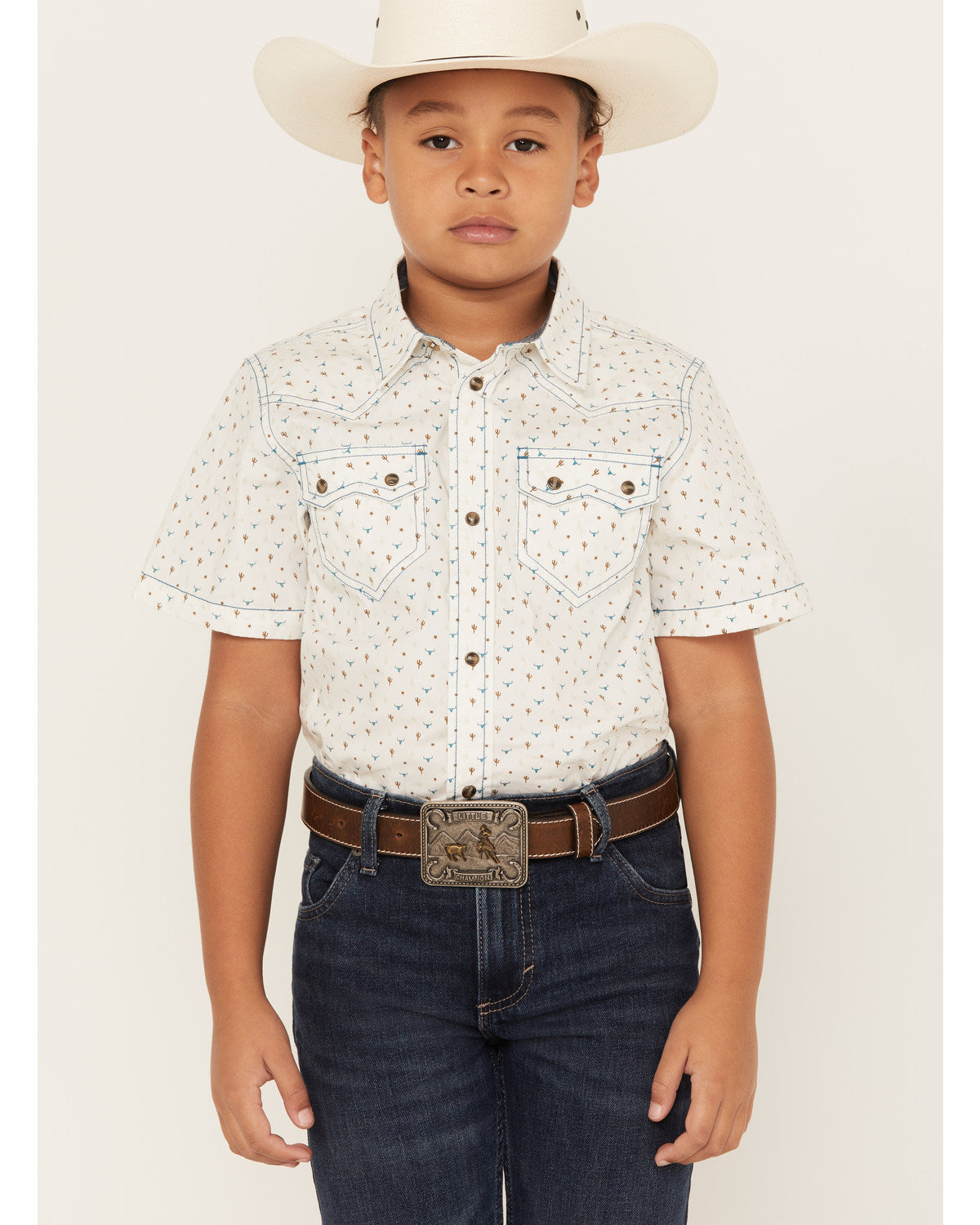 Boys' Bull Cactus Short Sleeve Snap Western Shirt Oatmeal