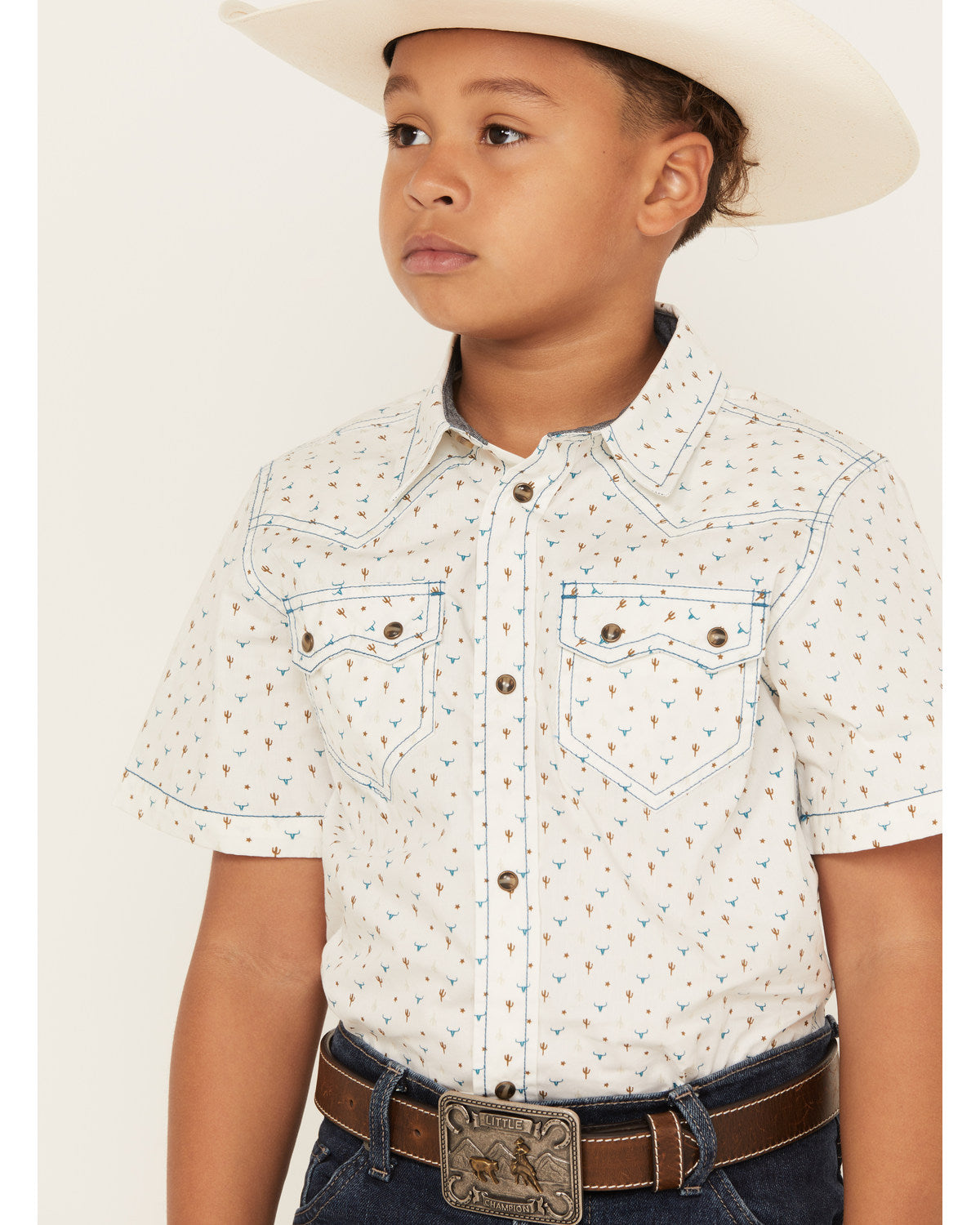 Boys' Bull Cactus Short Sleeve Snap Western Shirt Oatmeal
