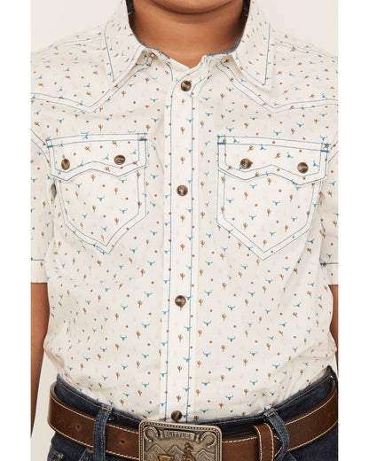 Boys' Bull Cactus Short Sleeve Snap Western Shirt Oatmeal