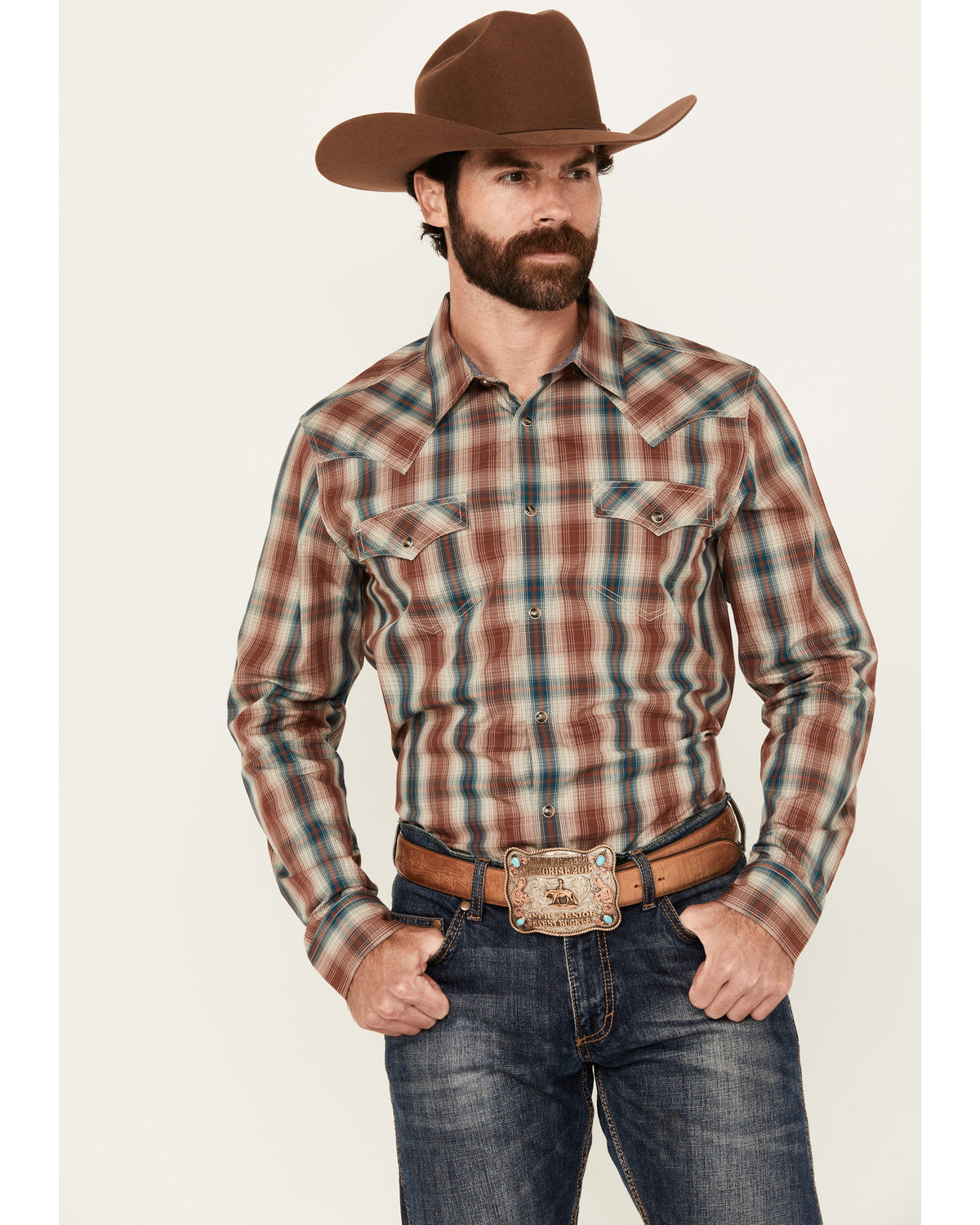 Men's Ricardo Plaid Print Long Sleeve Snap Western Shirt Tan