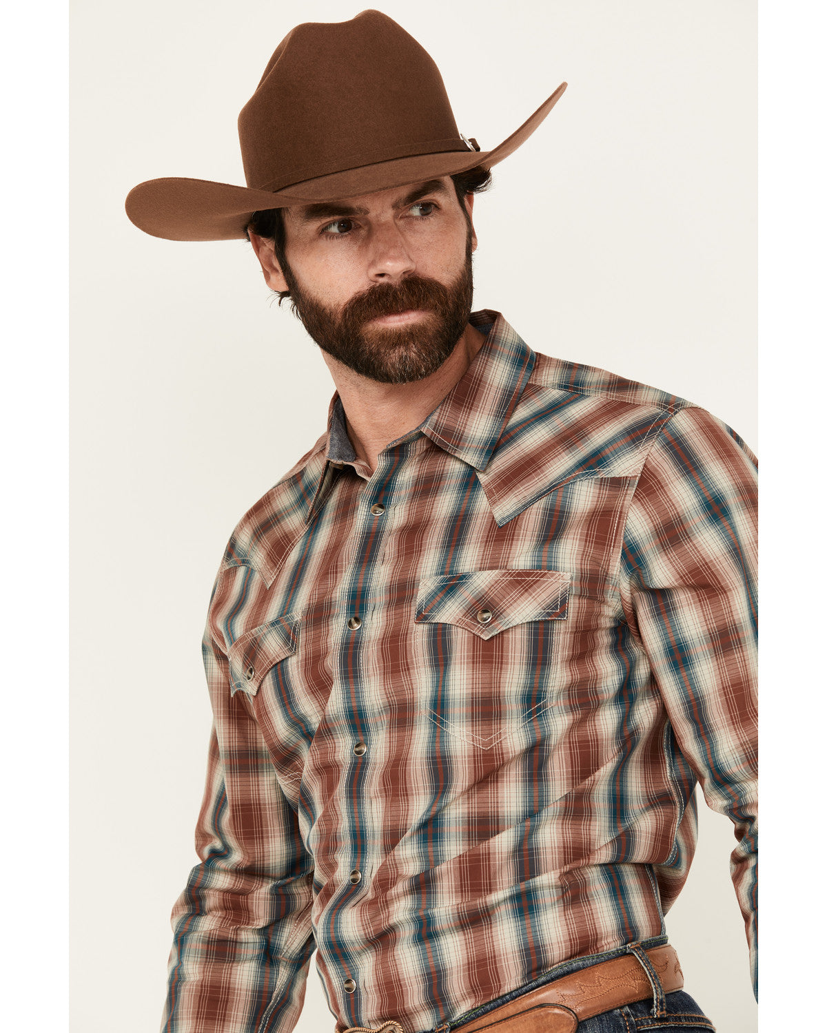 Men's Ricardo Plaid Print Long Sleeve Snap Western Shirt Tan