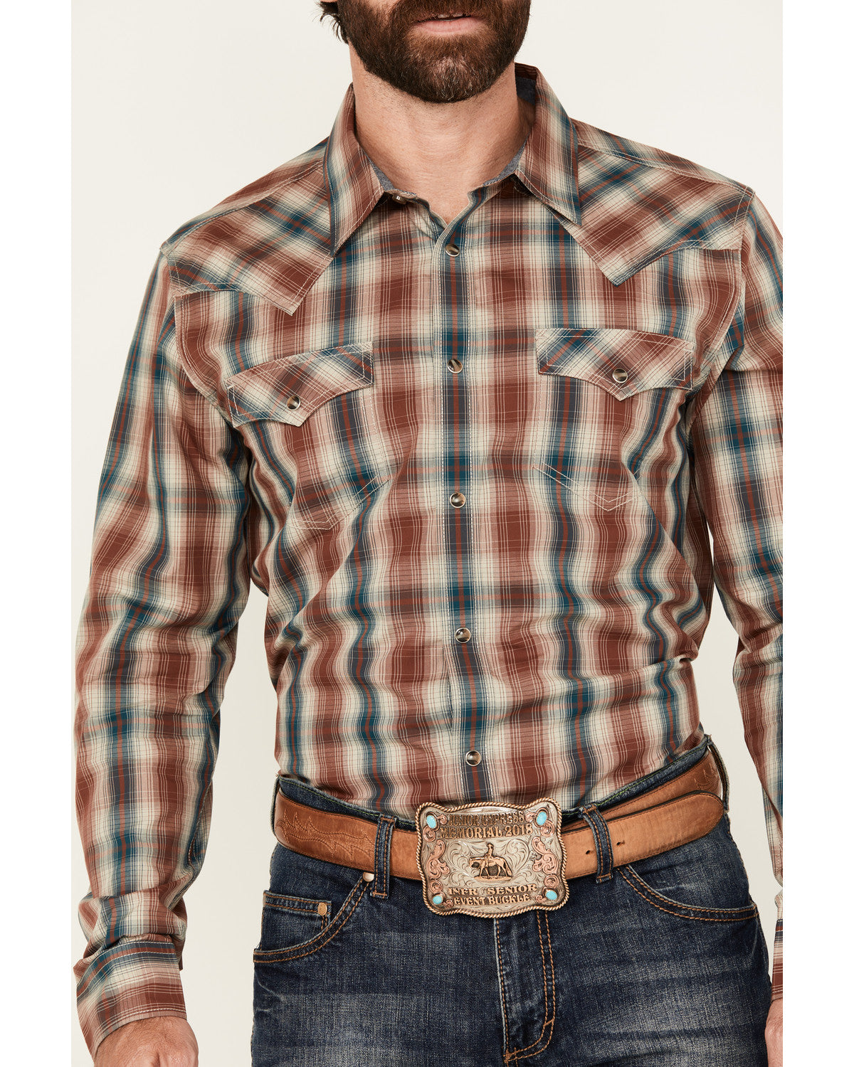 Men's Ricardo Plaid Print Long Sleeve Snap Western Shirt Tan