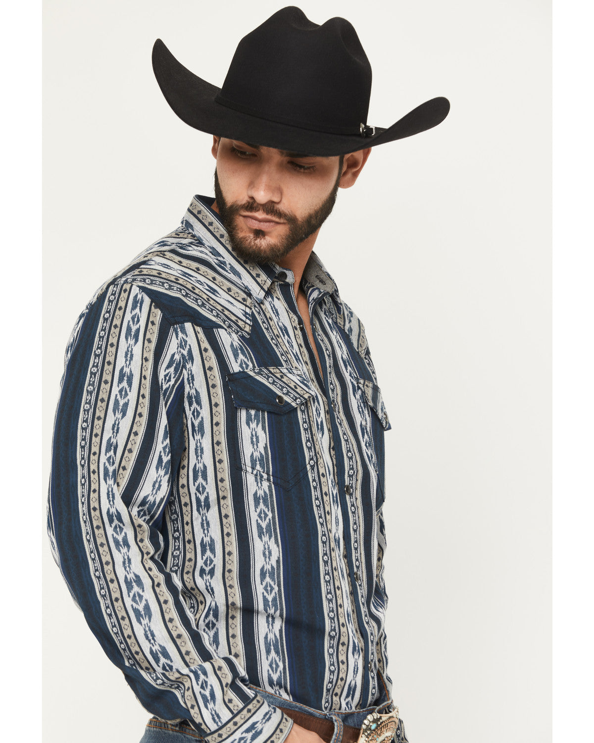 Men's Ford Southwestern Stripe Print Long Sleeve Snap Weste Blue