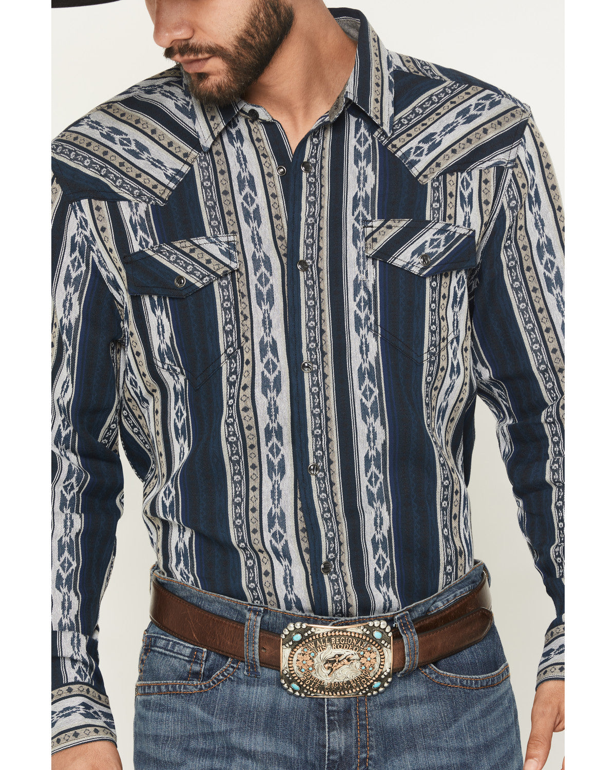 Men's Ford Southwestern Stripe Print Long Sleeve Snap Weste Blue