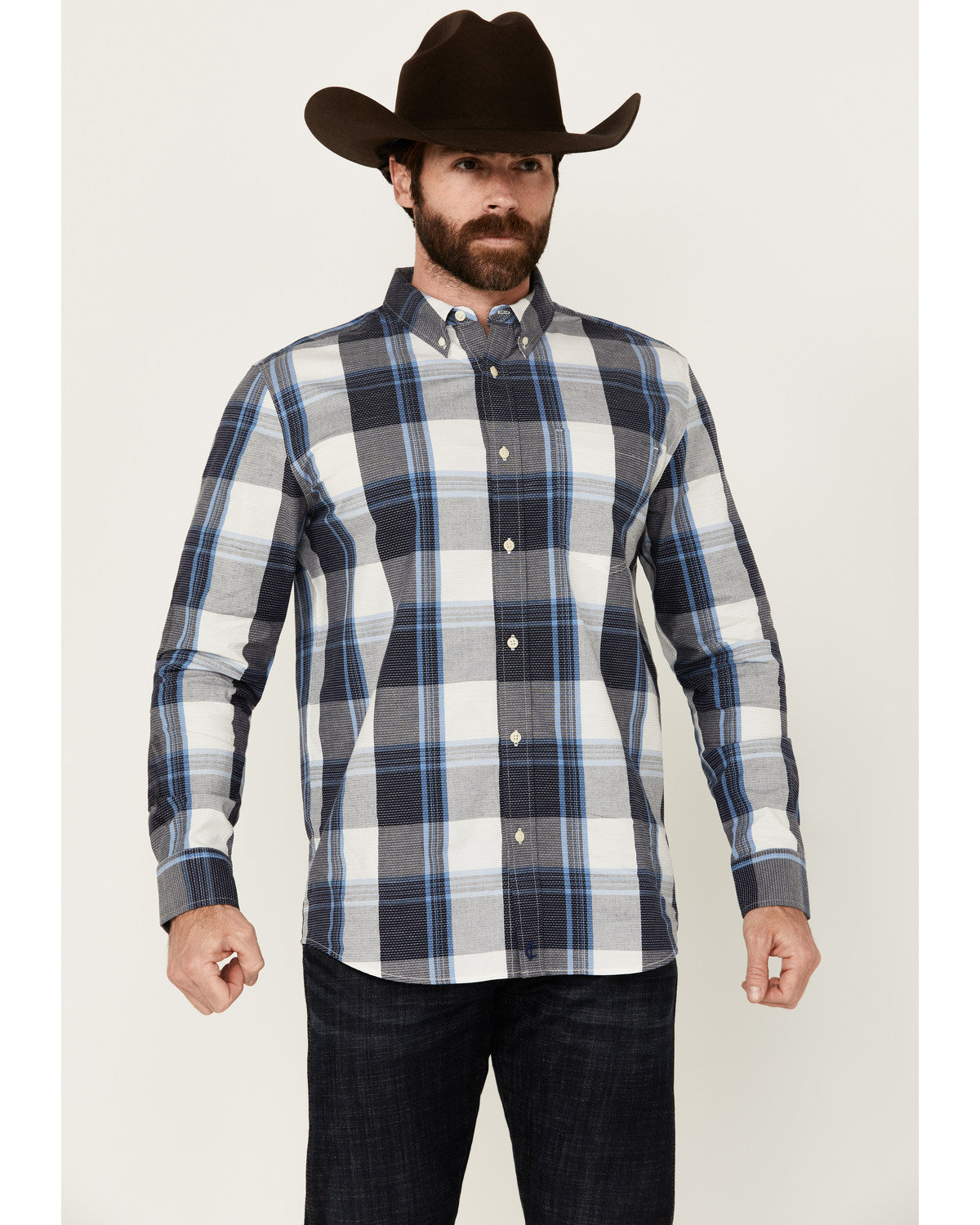 Men's Gallop Plaid Print Long Sleeve Button-Down Stretch We White